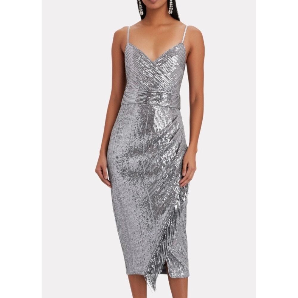 NWT Saylor Azariah Fringed Silver Gunmetal Sequin Wrap Dress. Size M.